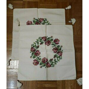 2 Pillow Covers w Tassel Embroidered Cross-Stitched Pink Roses, Envelope 18.5"
